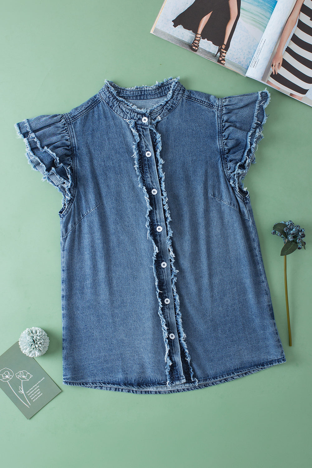 Totally Feeling Blue Ruffled Flutter Frayed Denim Top