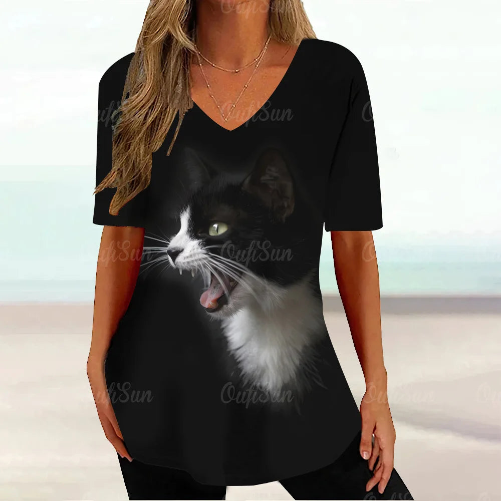 Kawaii Cat Graphic T Shirt For Women Painting Print Harajuku Short Sleeve Tops Summer V-Neck Pullover Female Loose Clothing Tees