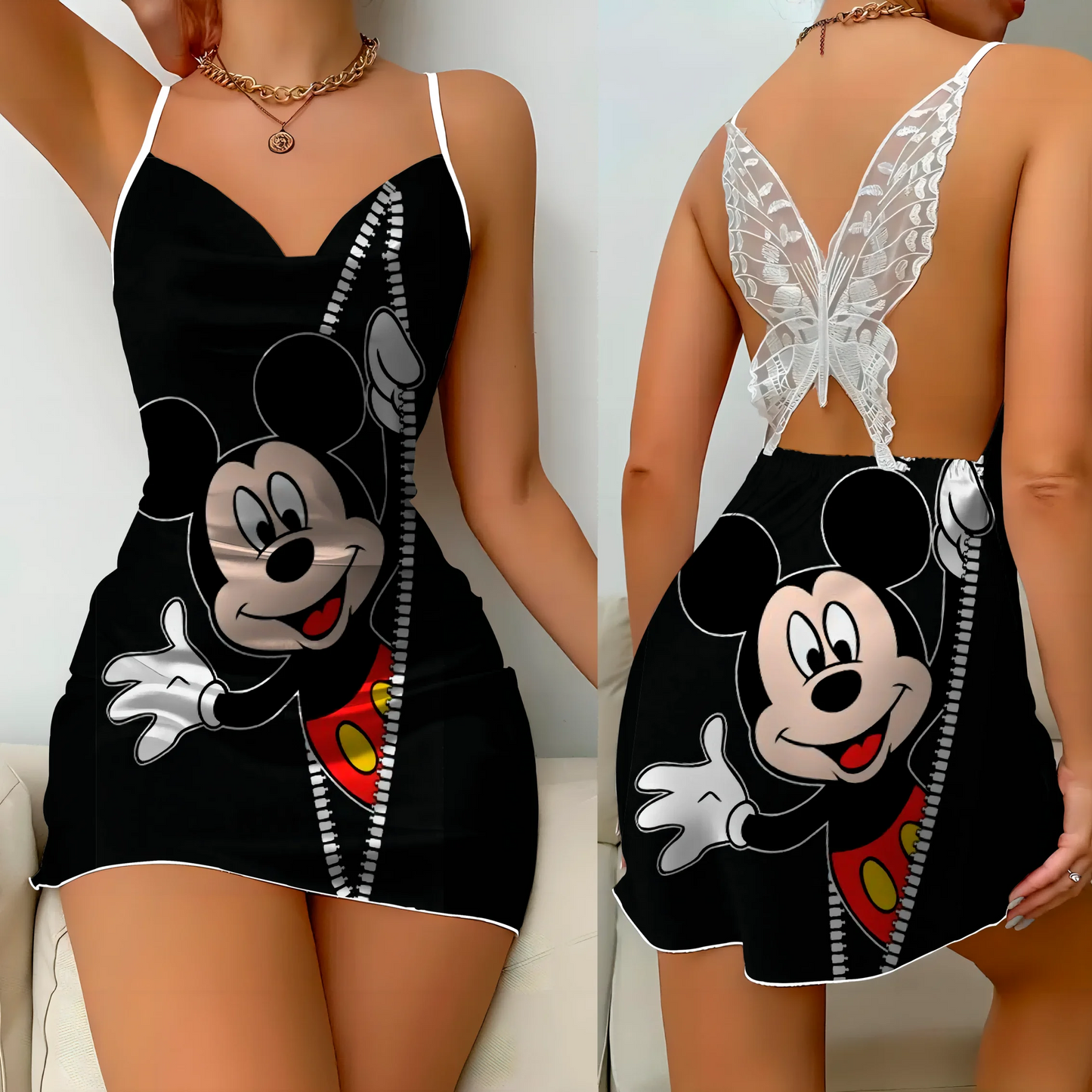 Mini Dress Pajama Skirt Bow Knot Party Dresses Satin Surface Minnie Mouse Disney Mickey Womens Fashion Summer 2024 Elegant Women