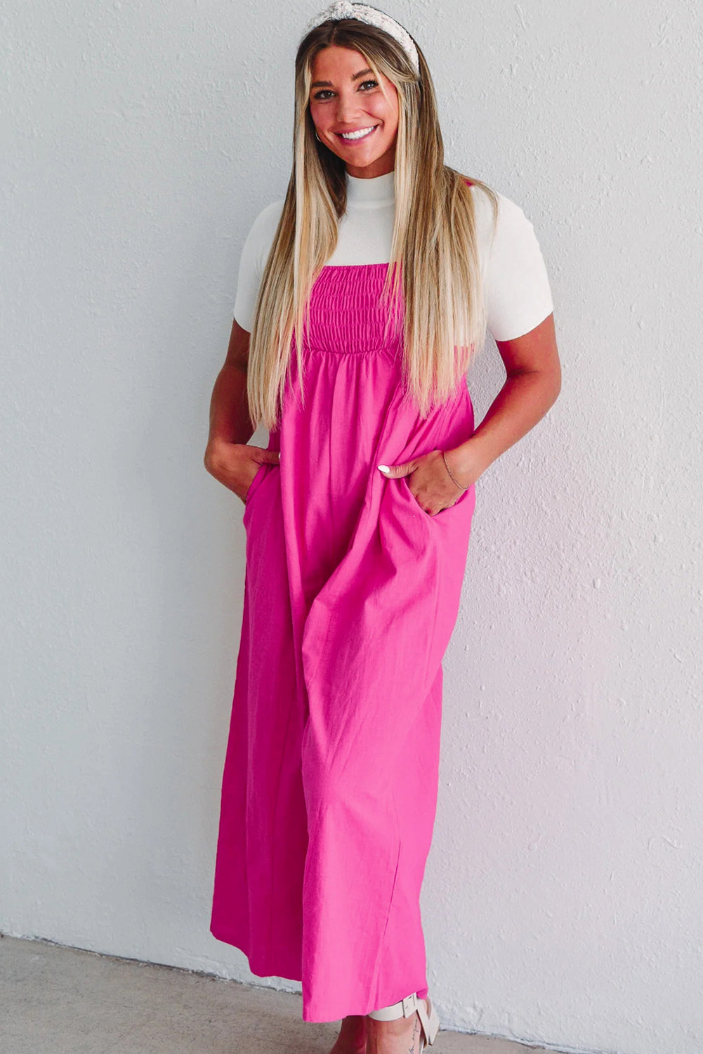 Strawberry Pink Smocked High Waist Wide Leg Overall