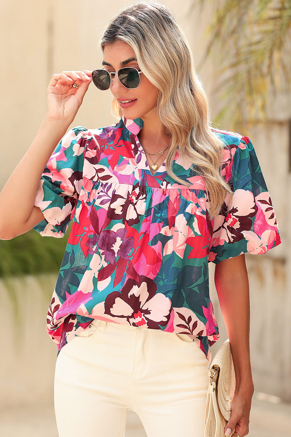 V Neck Lantern Sleeve Blouse