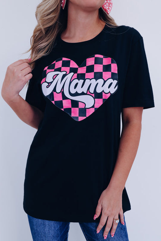 Black Crewneck Mama Checkered Heart Print Graphic T Shirt