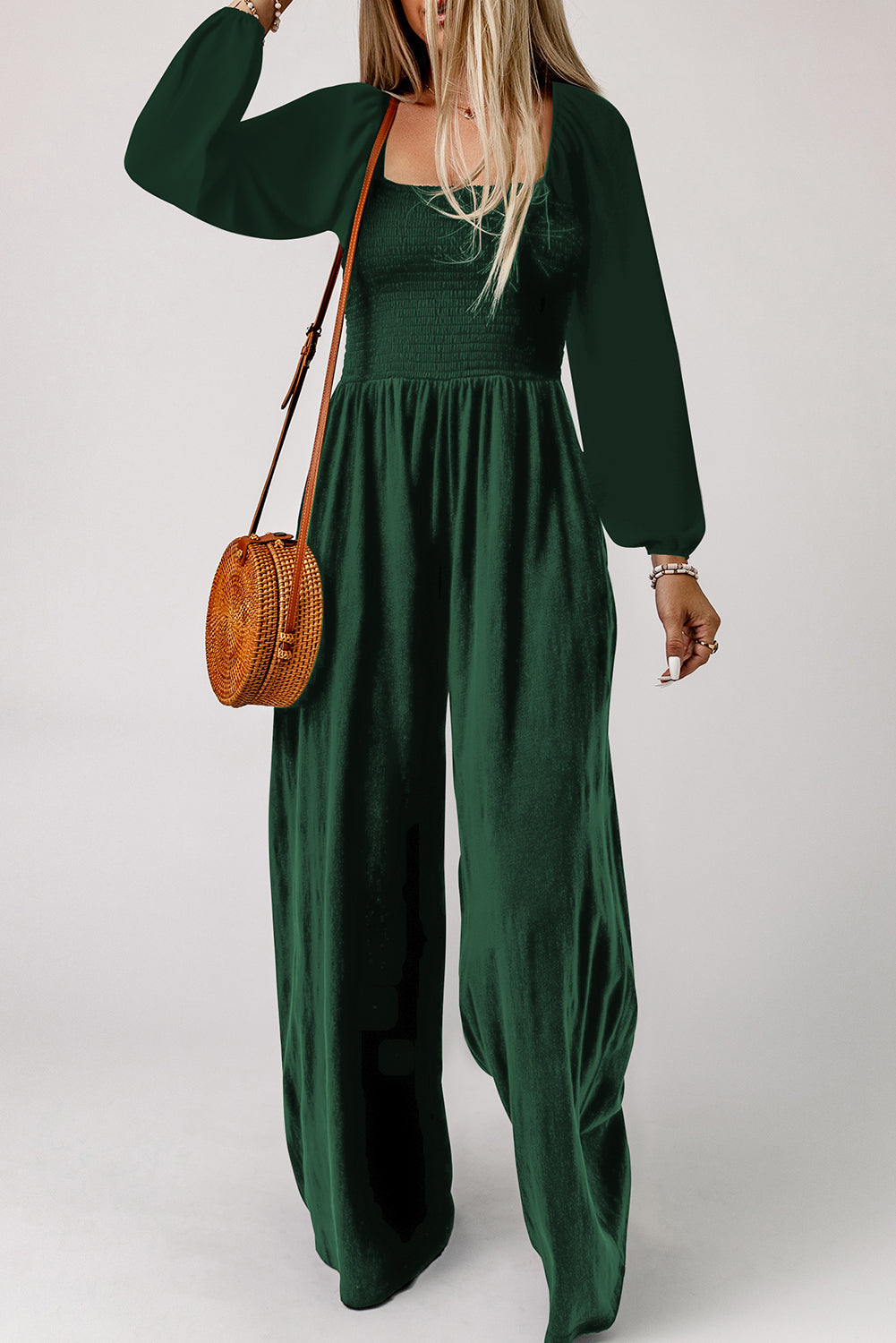 Smocked Square Neck Long Sleeve Wide Leg Jumpsuit