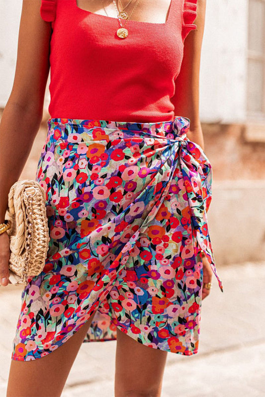 Red Floral Print Wrapped Lace Up Mini Skirt