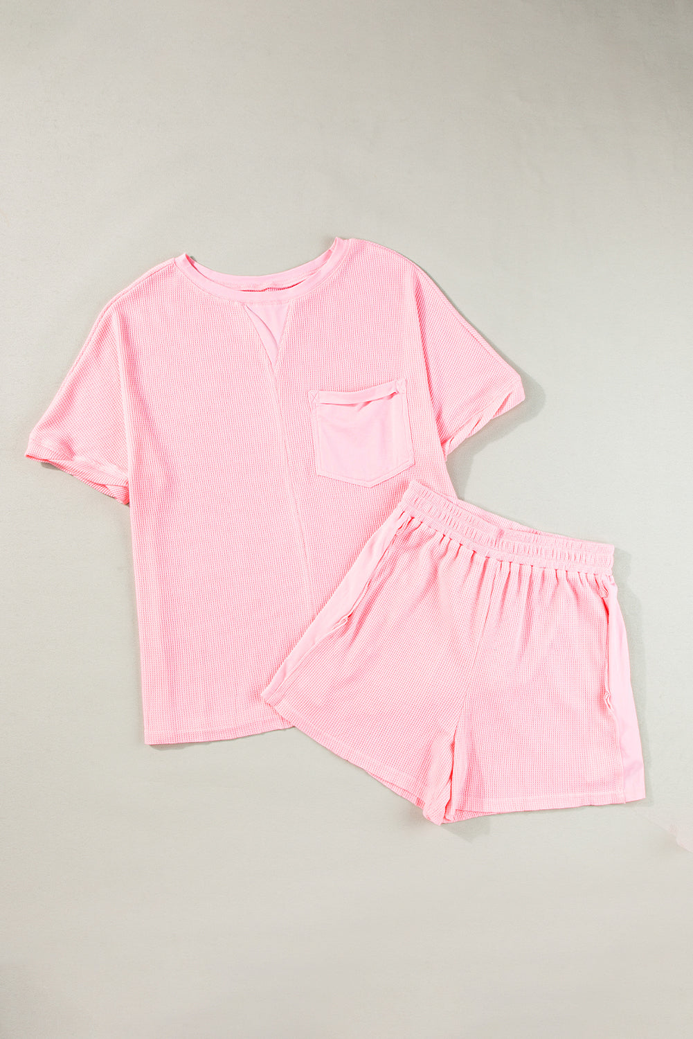 Light Pink Waffle Knit Oversize Tee and Shorts Set