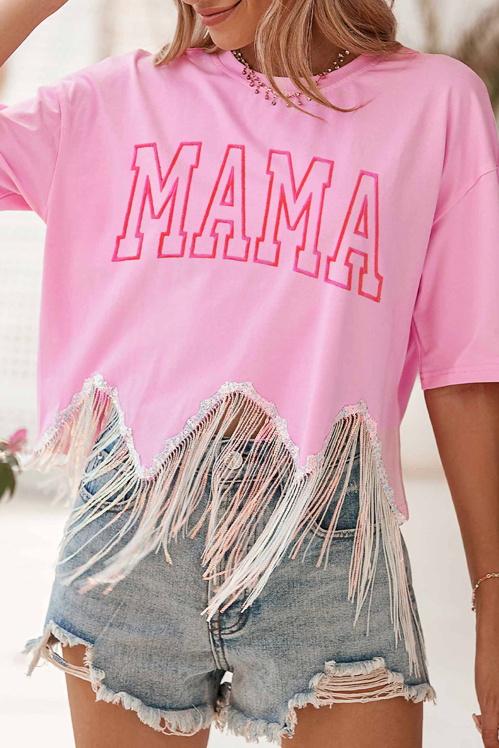 MAMA Embroidered Graphic Sequin Tassel Hem T Shirt