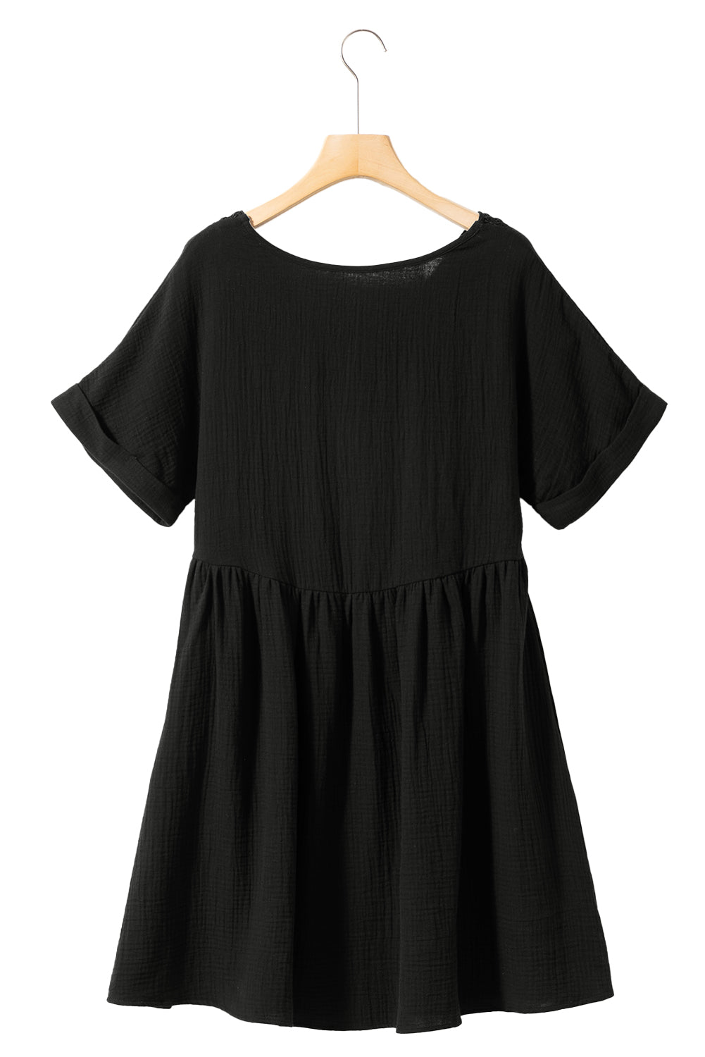 Black Folded Short Sleeve Lace V Neck Mini Dress