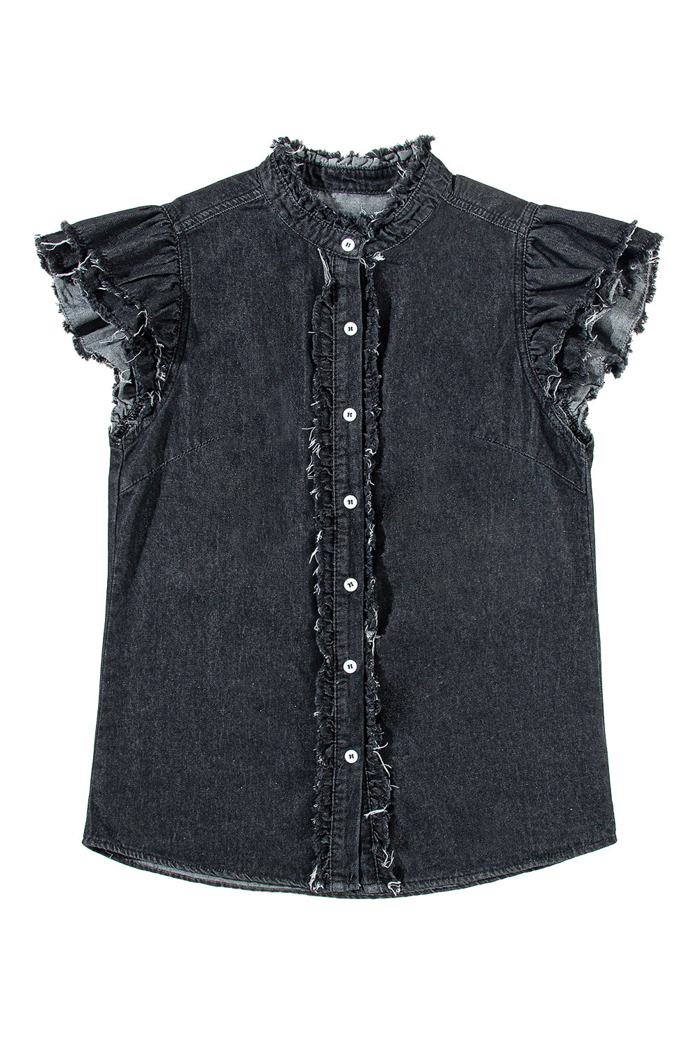 Totally Feeling Blue Ruffled Flutter Frayed Denim Top