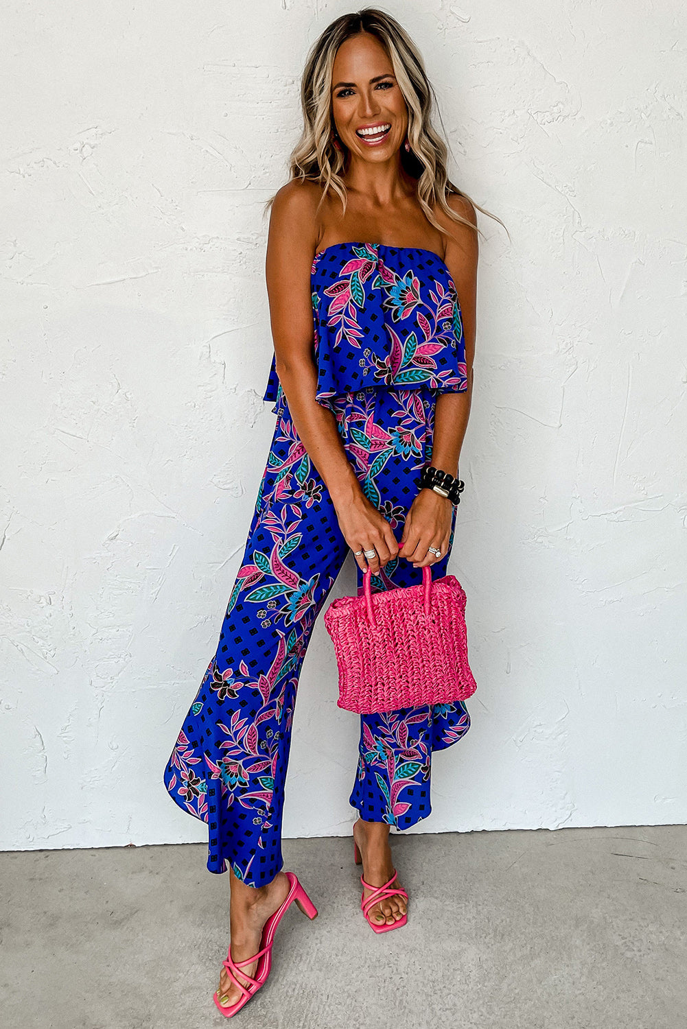 Tropical Print Strapless Ruffle Jumpsuit