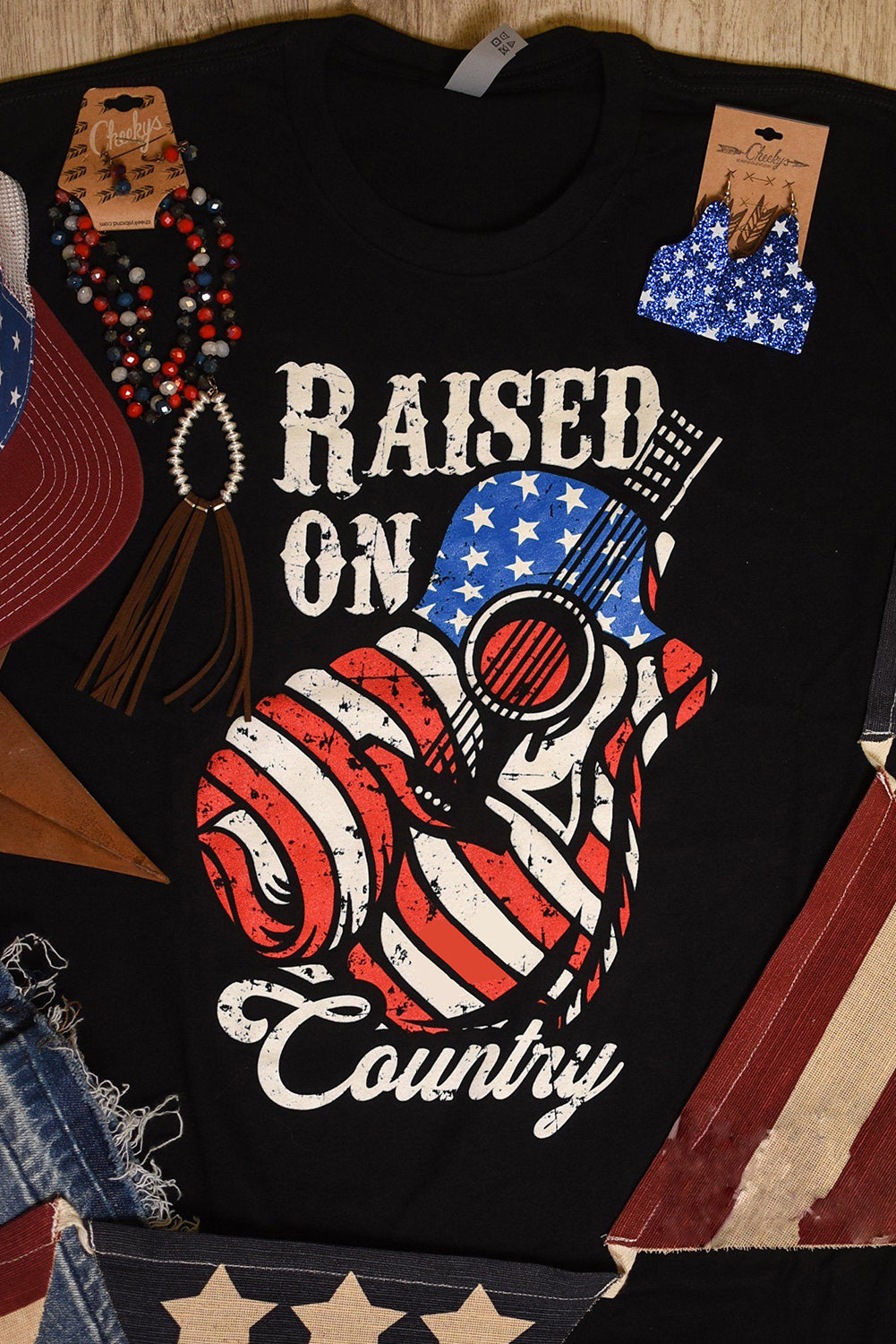 Raised On Country USA Flag Guitar Graphic Tee