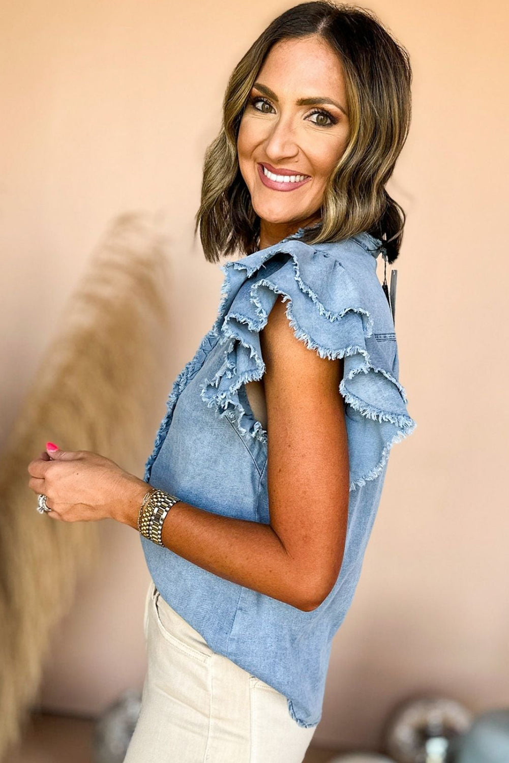 Totally Feeling Blue Ruffled Flutter Frayed Denim Top