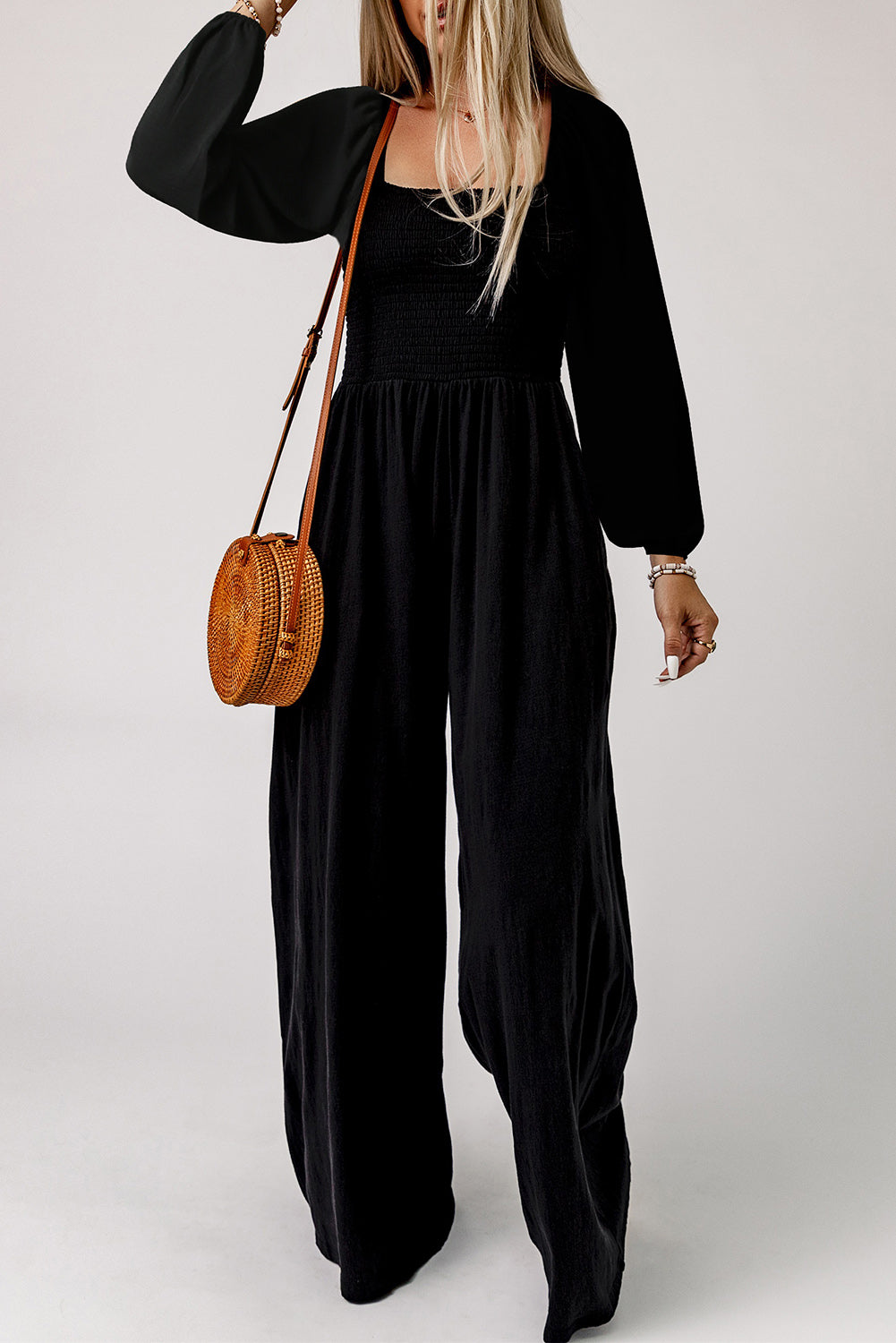 Smocked Square Neck Long Sleeve Wide Leg Jumpsuit