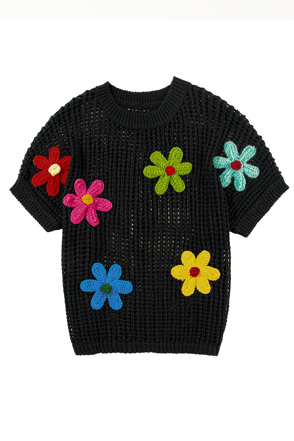 White Hollowed Crochet Colorful Flower Loose Knit T Shirt