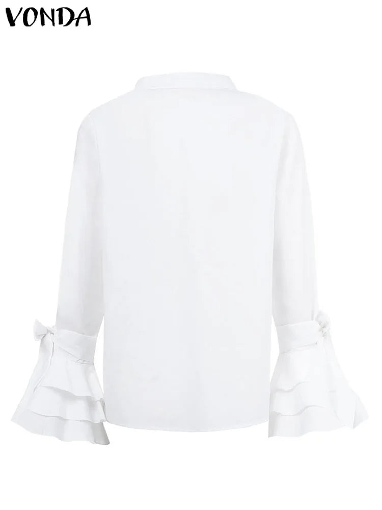 Plus Size 5XL VONDA Shirts White Blouse Women Autumn Long Flare Sleeve Tops Tunic Casual Solid Buttons Blusas Femininas