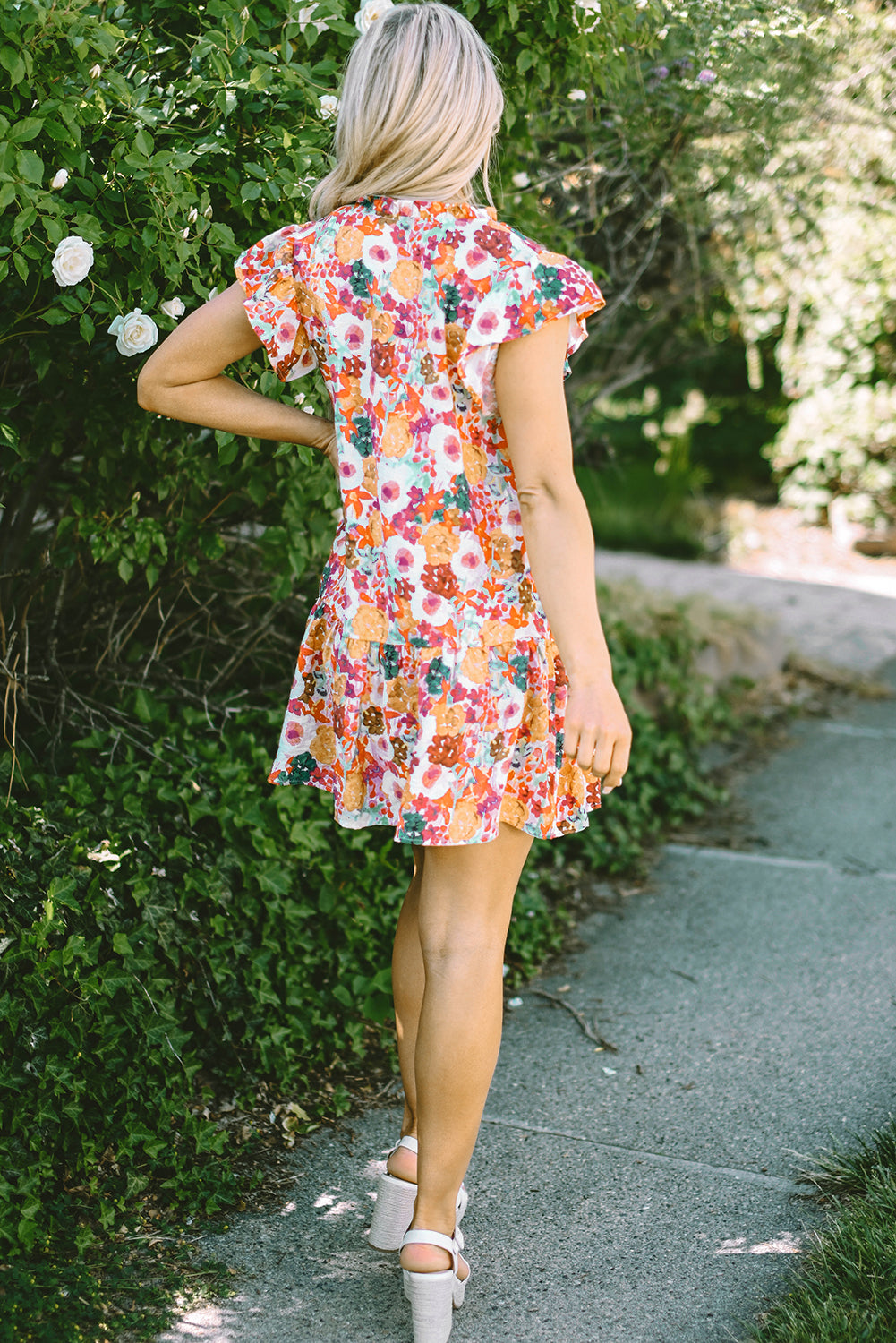 Purple Floral Print Split Neck Ruffle Mini Dress