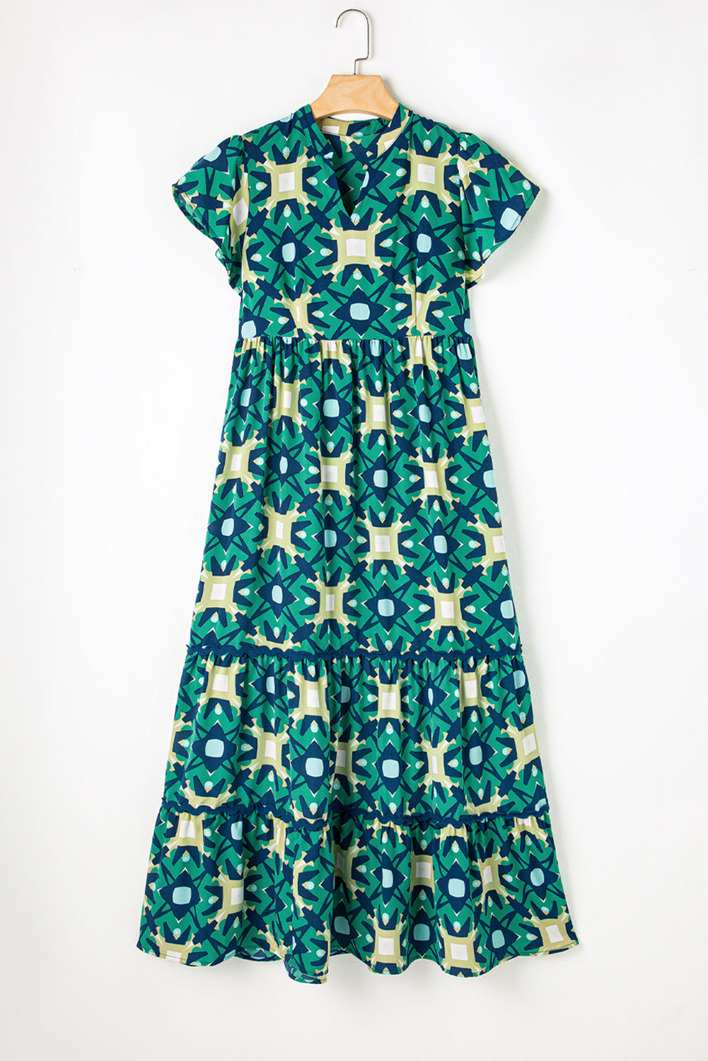 Sea Green Abstract Print Pleated Flounce Sleeve Maxi Dress