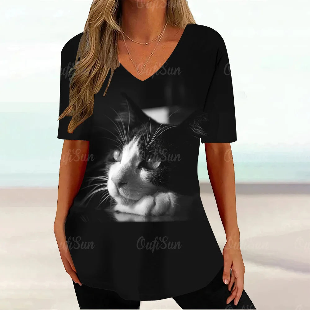 Kawaii Cat Graphic T Shirt For Women Painting Print Harajuku Short Sleeve Tops Summer V-Neck Pullover Female Loose Clothing Tees