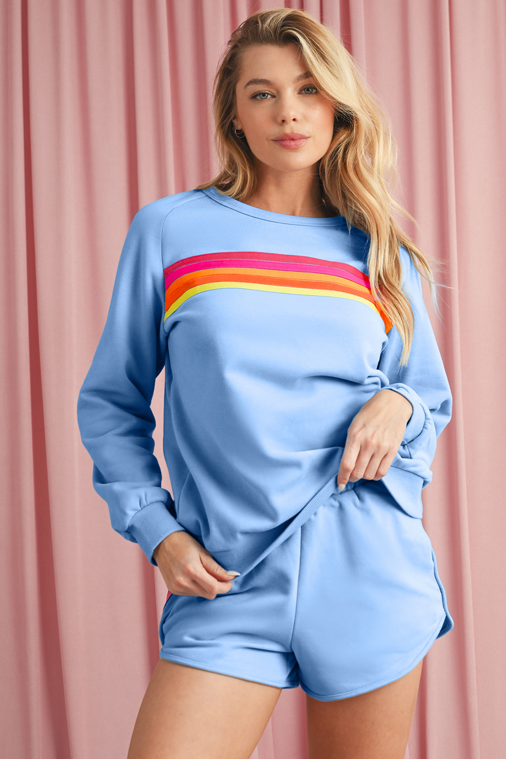 Bonbon Colorful Striped Long Sleeve Pullover and Shorts Set