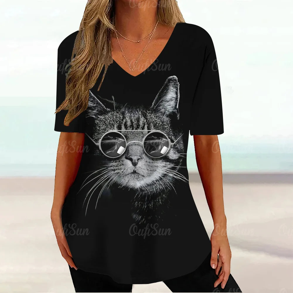 Kawaii Cat Graphic T Shirt For Women Painting Print Harajuku Short Sleeve Tops Summer V-Neck Pullover Female Loose Clothing Tees