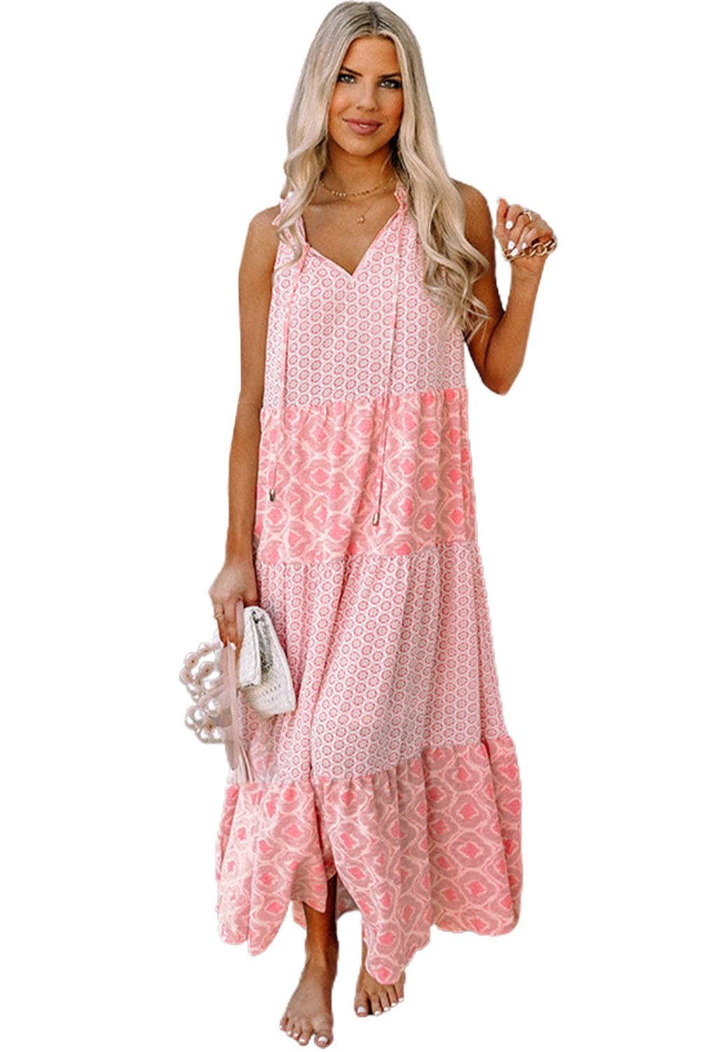 Pink Abstract Print Patchwork Sleeveless V Neck Tiered Dress