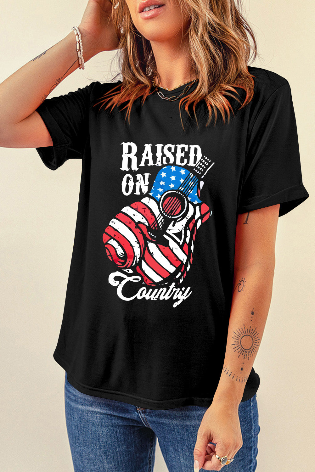 Raised On Country USA Flag Guitar Graphic Tee