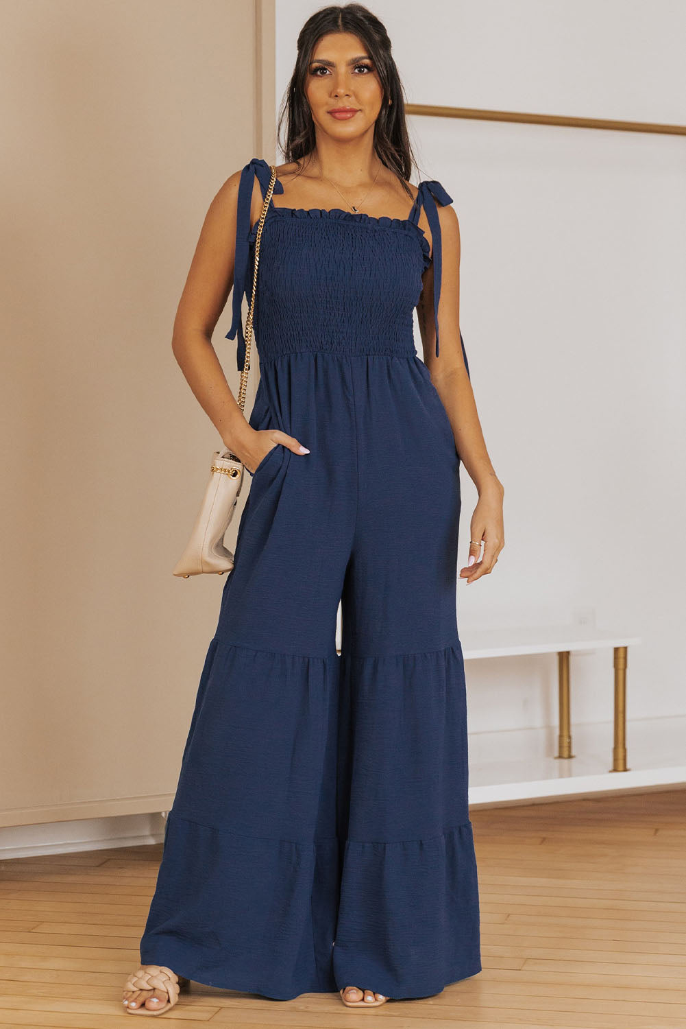 Green Tie Straps Shirred Casual Tiered Wide Leg Jumpsuit