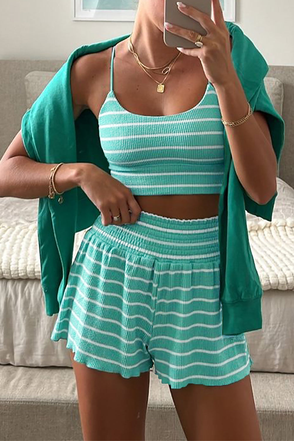 Green Stripe U Neck Crop Cami Top and Shorts Set