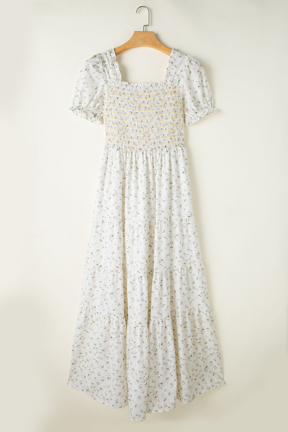 White Frill Neckline Shirred Bodice Floral Maxi Dress