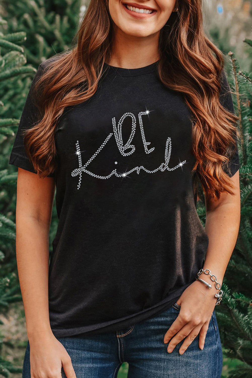 Black Rhinestone Be Kind Graphic T Shirt