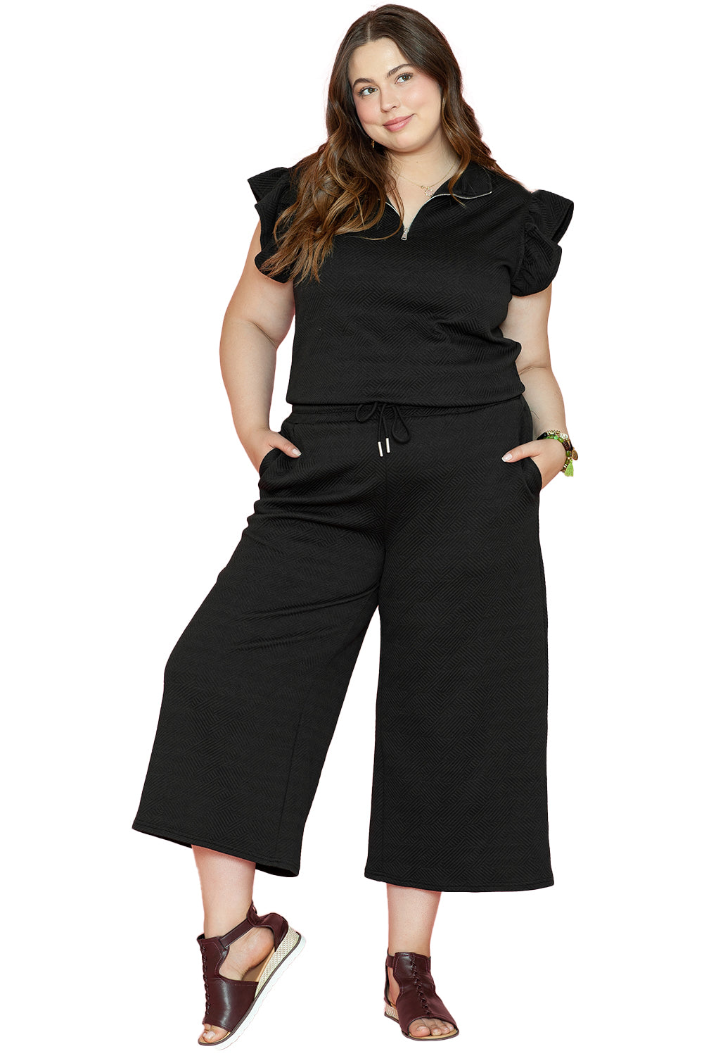 Black Plus Ruffled Sleeve Quarter Zip Top & Wide Leg Pants Set