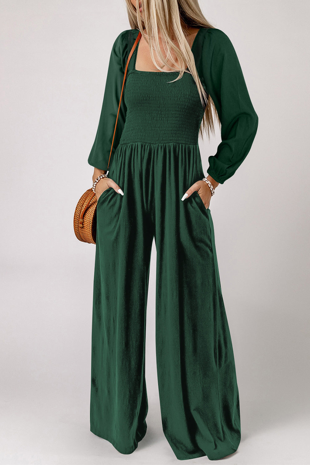 Smocked Square Neck Long Sleeve Wide Leg Jumpsuit