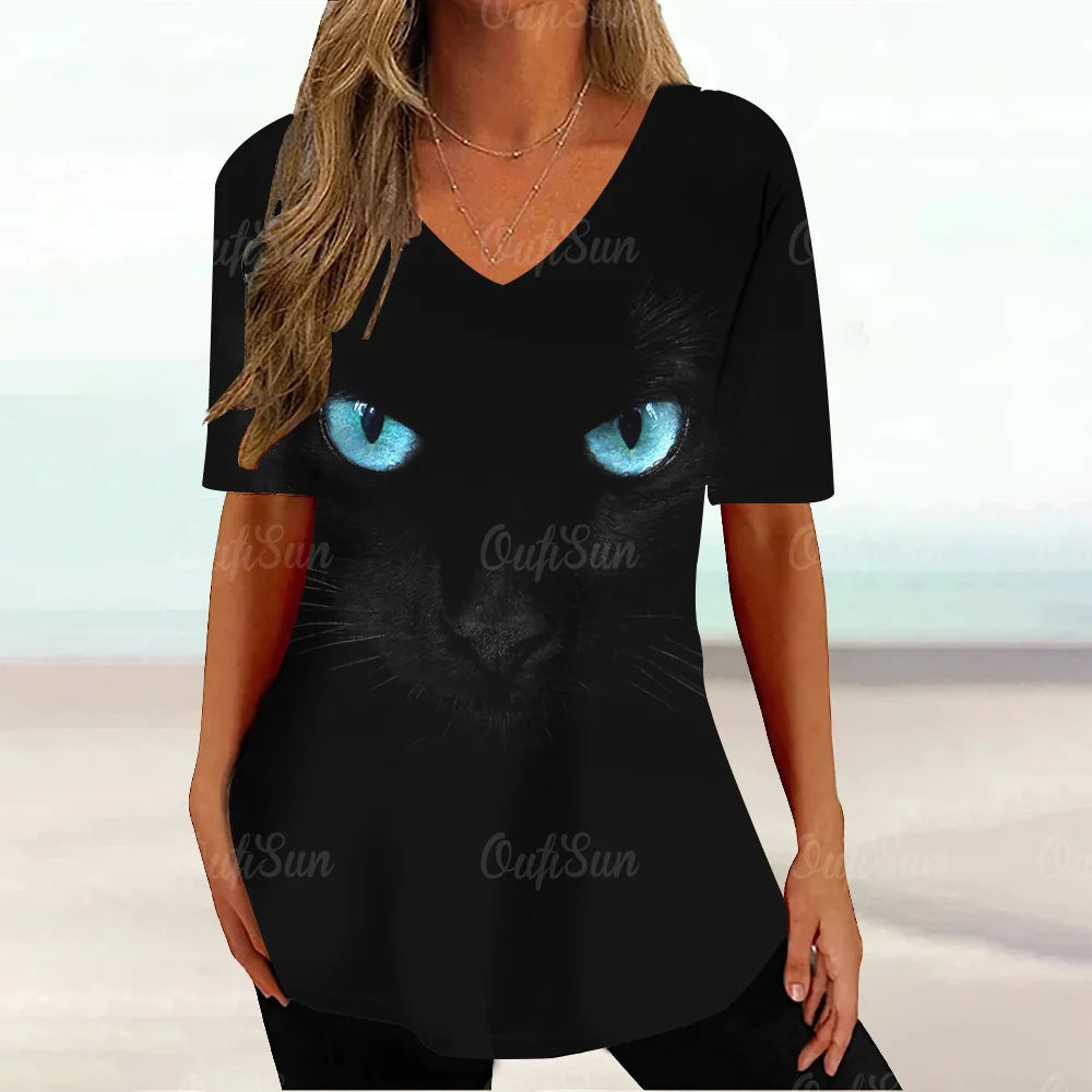 Kawaii Cat Graphic T Shirt For Women Painting Print Harajuku Short Sleeve Tops Summer V-Neck Pullover Female Loose Clothing Tees