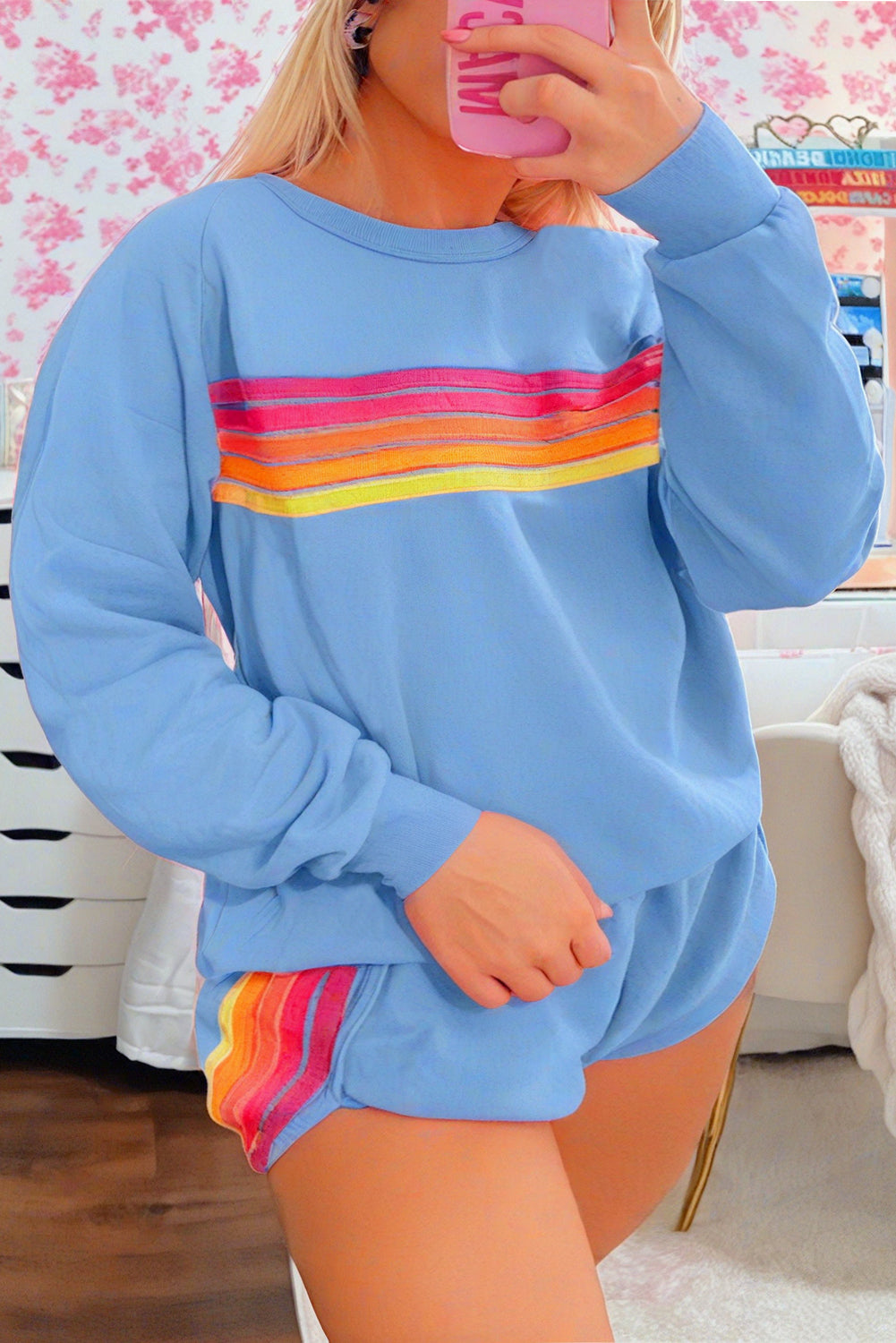 Bonbon Colorful Striped Long Sleeve Pullover and Shorts Set