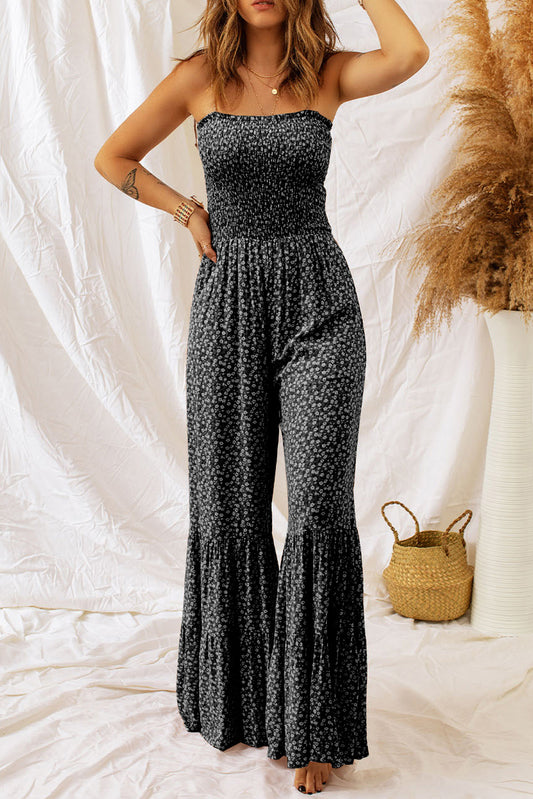 Floral Thin Straps Smocked Bodice Wide Leg Jumpsuit