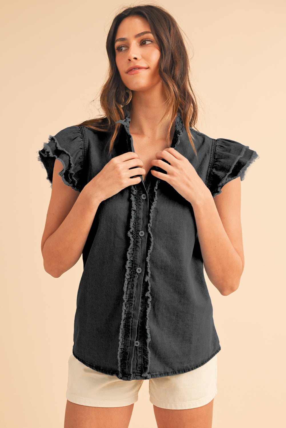 Totally Feeling Blue Ruffled Flutter Frayed Denim Top