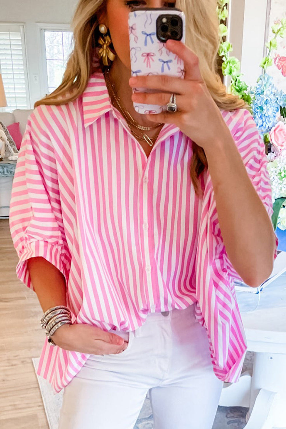 Pink Stripe Button Up Dolman Shirt