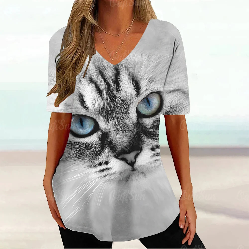 Kawaii Cat Graphic T Shirt For Women Painting Print Harajuku Short Sleeve Tops Summer V-Neck Pullover Female Loose Clothing Tees