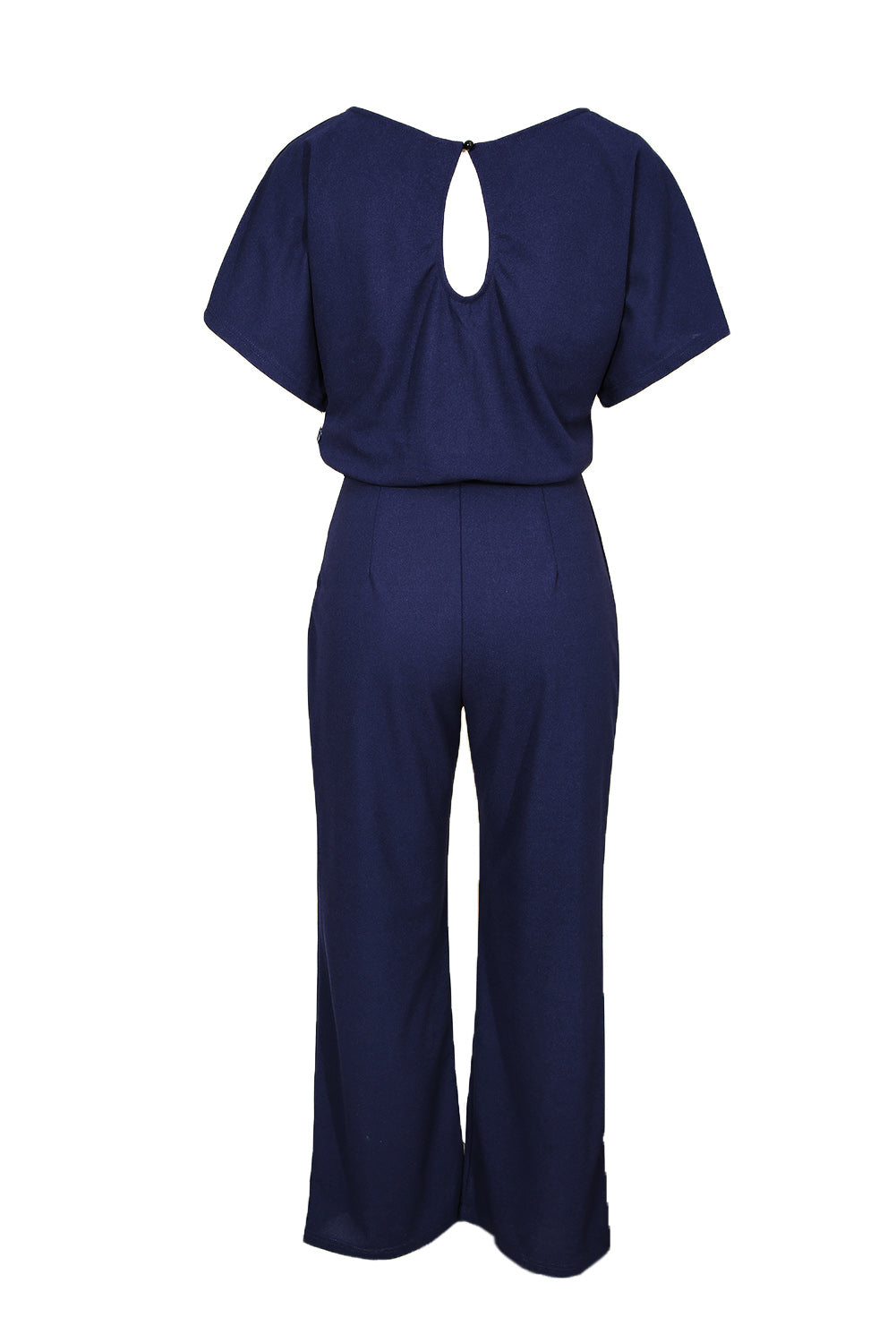 Dark Blue Solid Color Casual Belted Wide Leg Jumpsuit