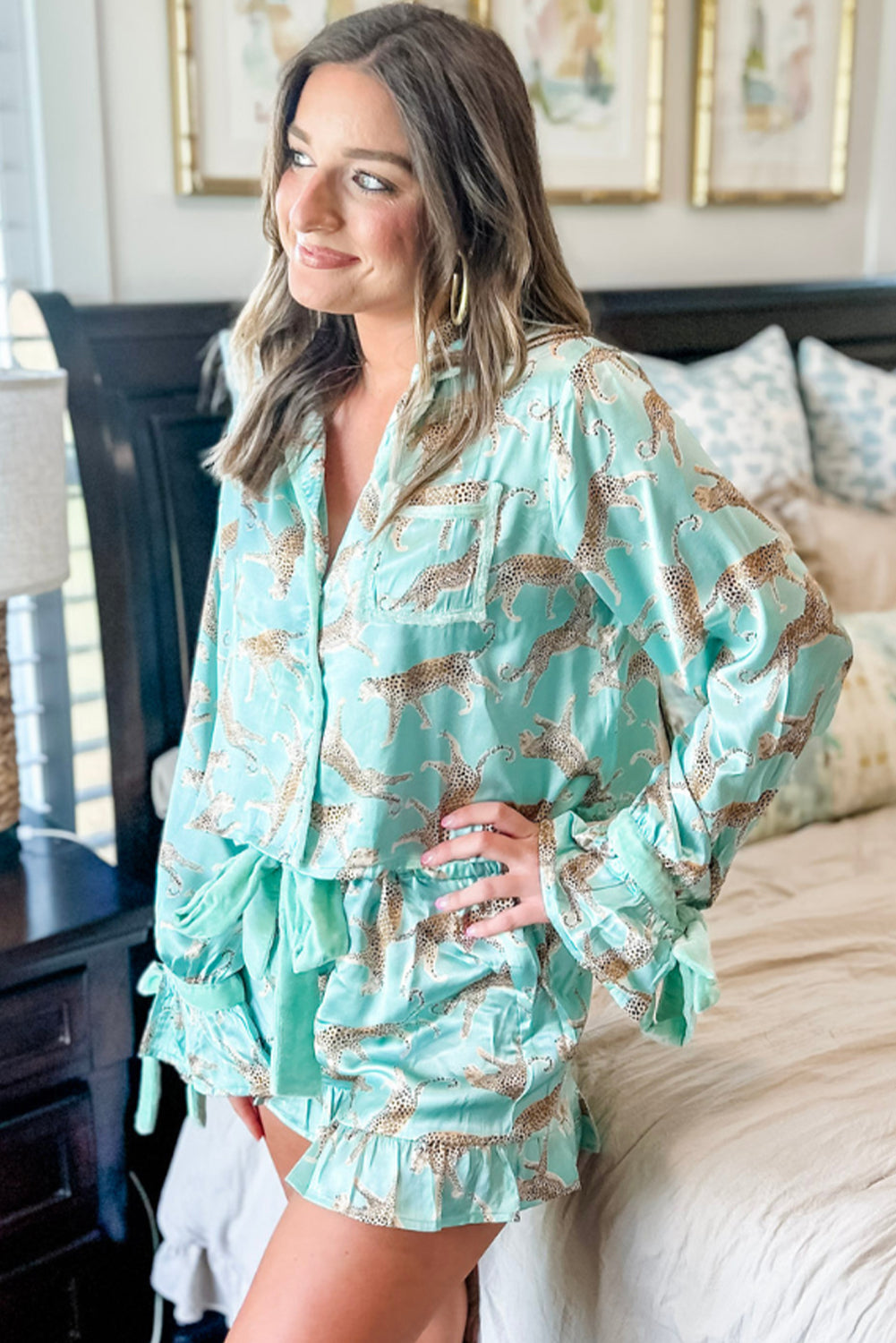 Green Leopard Satin Ruffle Hem Pajama Set