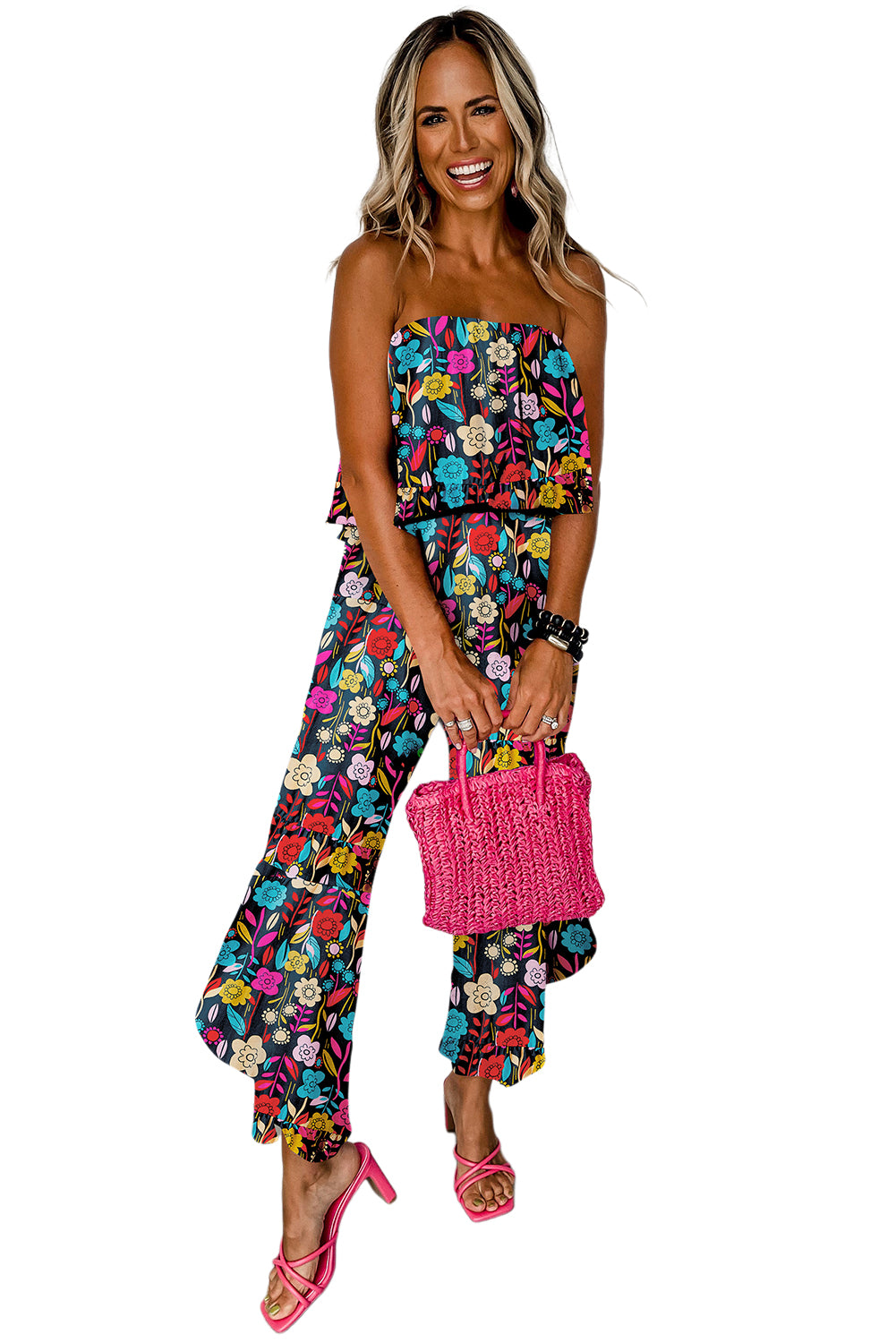 Tropical Print Strapless Ruffle Jumpsuit