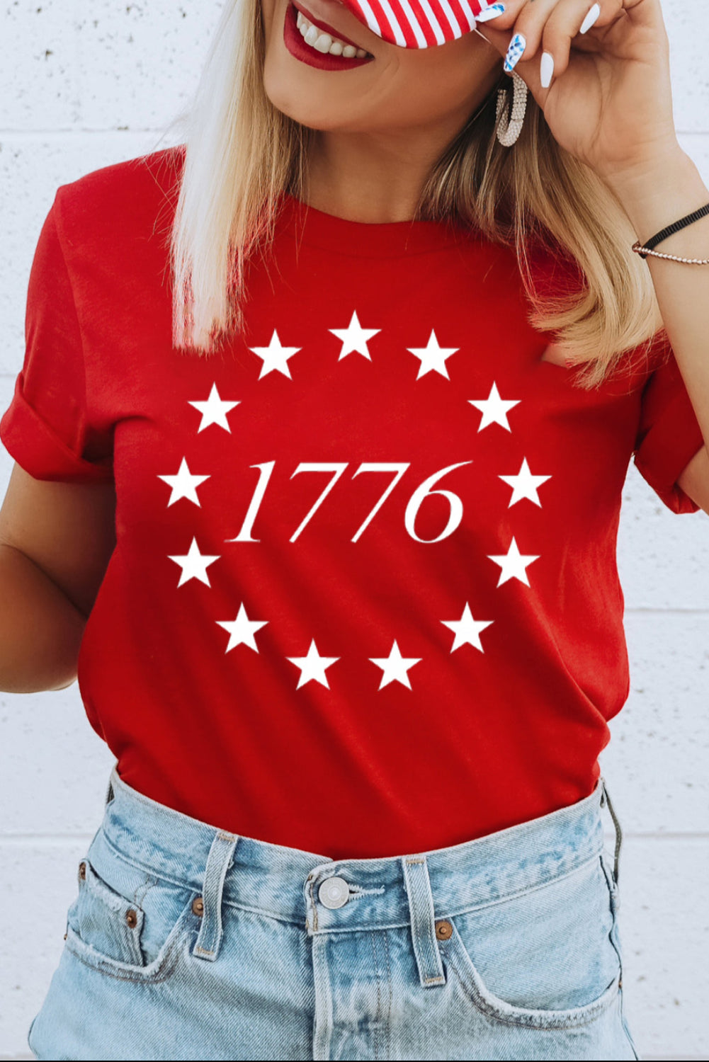 Flag Day Star 1776 Graphic Crewneck T Shirt